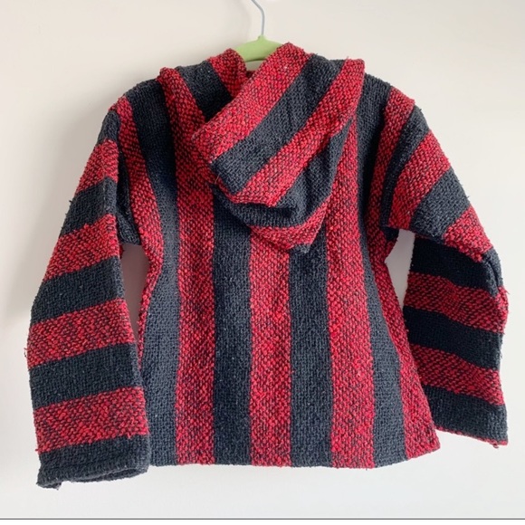 AUTHENTIC Hooded Baja Poncho Woven Red Black Size Small (2T) Made in Mexico - Picture 2 of 3